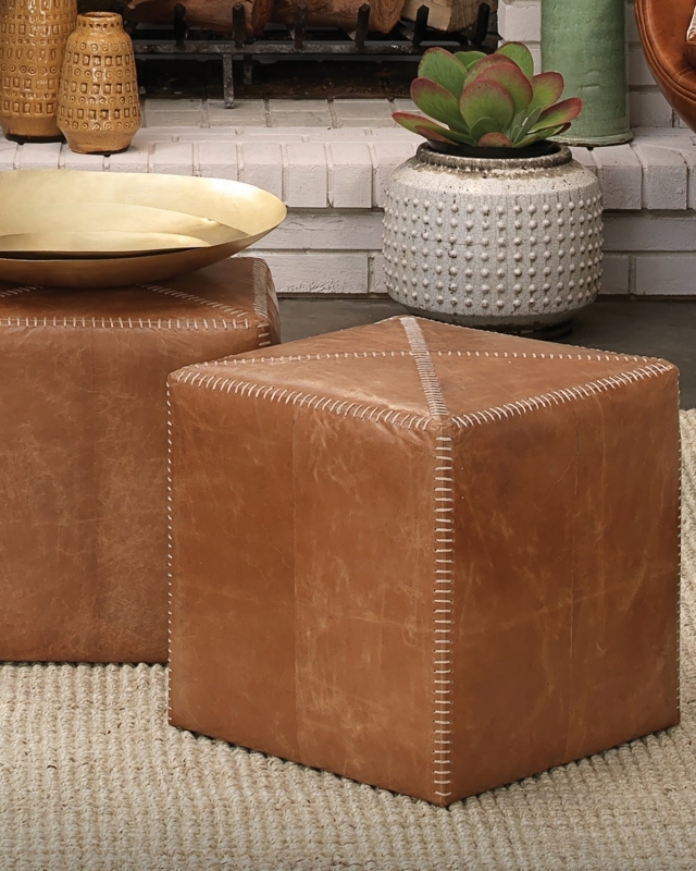 Whipstitch Detail Cube Ottoman with Cross Stitch Top