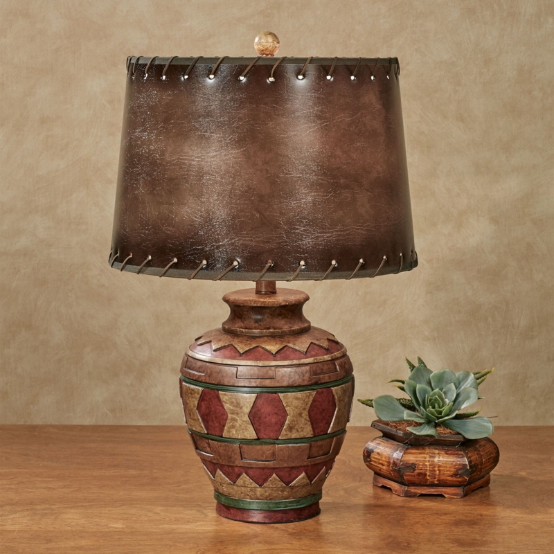 Whipstitched Leather Look Table Lamp: Geometric Urn Base