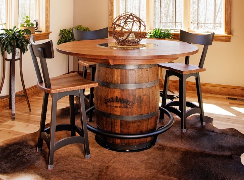 Whiskey Barrel Pub Table with Logo Branding and Glass Inset