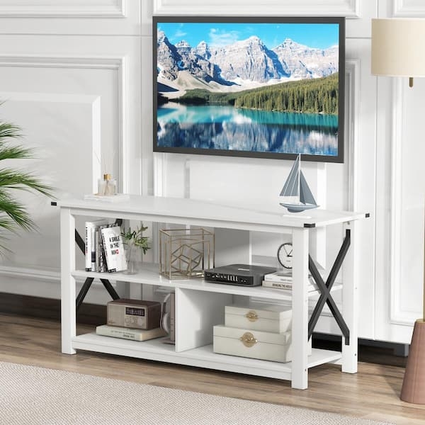 White 3-Tier TV Stand, X-Shaped Frame, Modern Farmhouse Media Console.