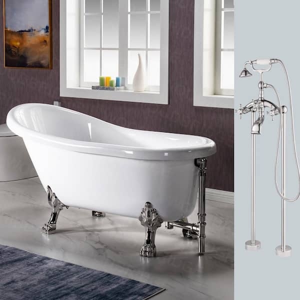 White Acrylic Slipper Clawfoot Bathtub with Brushed Nickel Hardware & Faucet