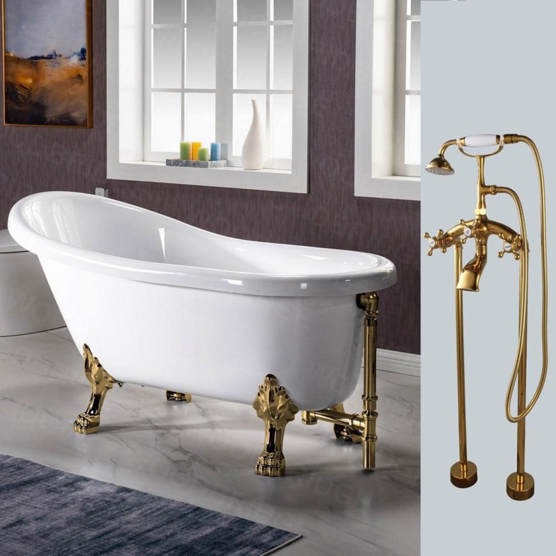 White Acrylic Slipper Clawfoot Bathtub with Polished Gold Tap & Hardware Set