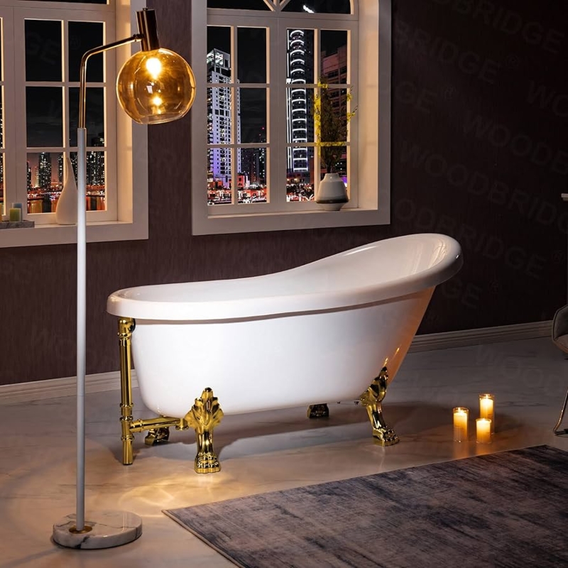White Acrylic Slipper Clawfoot Tub with Polished Gold Feet & Exposed Drain