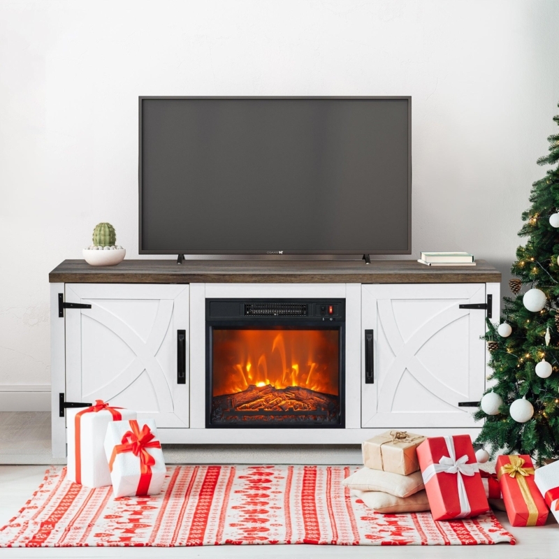 White and Walnut Fireplace TV Stand X Frame Barn Doors Rustic Farmhouse