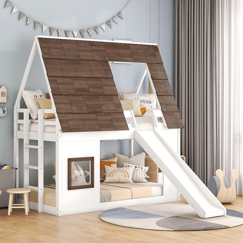 White and Walnut House Bunk Bed with Integrated Slide and Shingled Roof