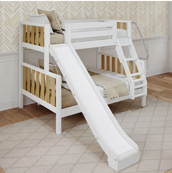 White and Wood Bunk Bed with Metal Safety Handrail