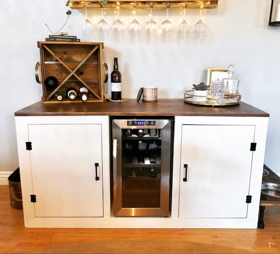 White and Wood Farmhouse Bar Cabinet with Fridge and Rustic Top