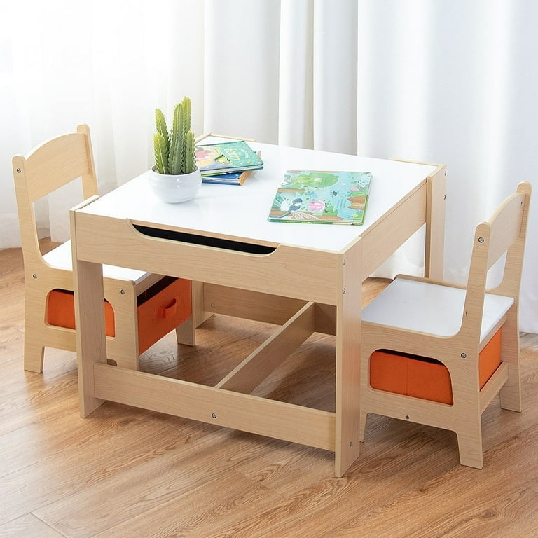 White and Wood Kids Activity Set with Integrated Orange Storage Bins