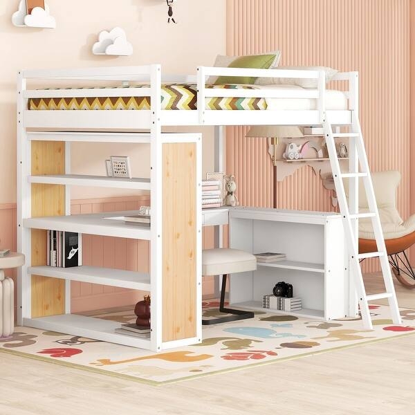 White and Wood Loft Bed with L-Shaped Desk and Shelves