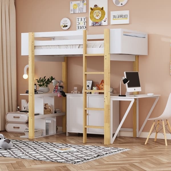 White and Wood Scandinavian Loft Bed with Storage Cubes