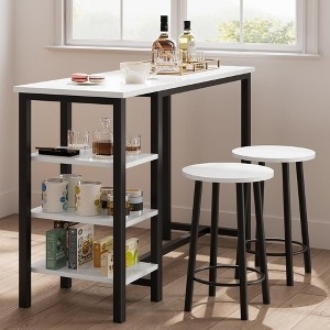 White Bar Table with Shelves Matte Black Frame Round Stools