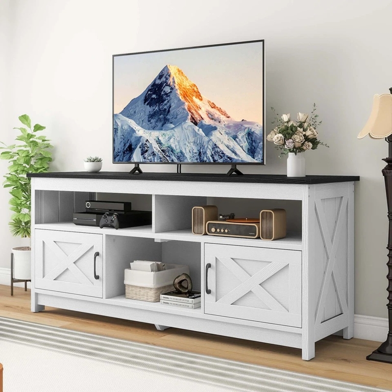 White Barn Door TV Stand, Two Tone Finish, X-Frame Accents, Farmhouse.