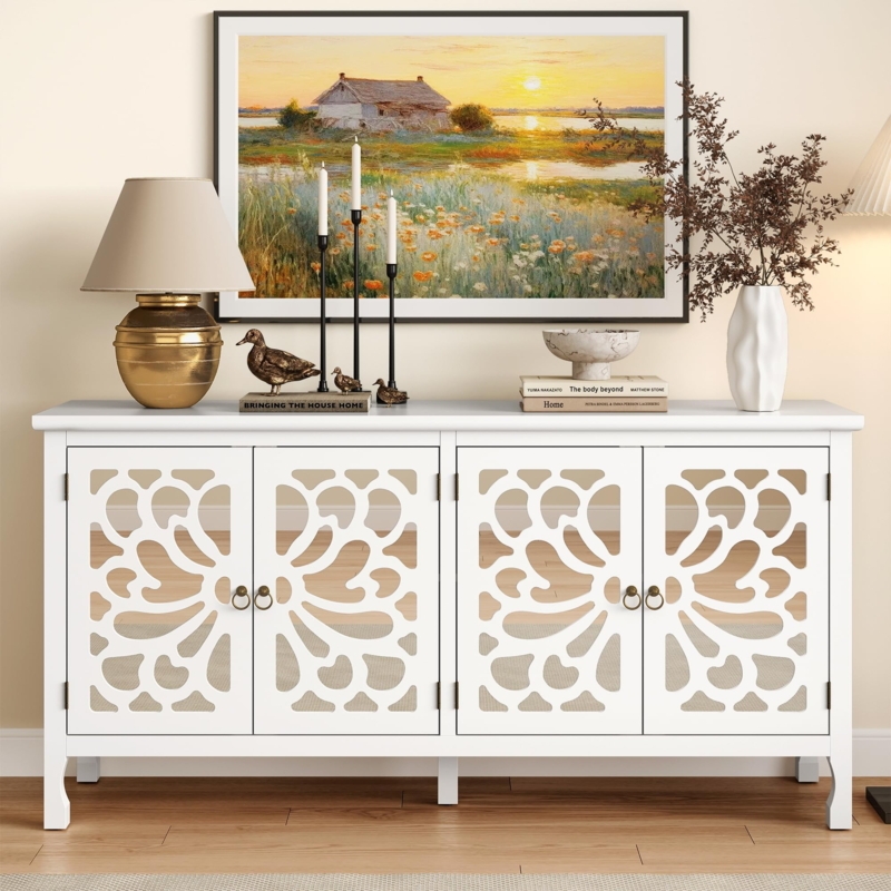 White Buffet Cabinet with Carved Floral Fretwork and Mirrored Doors
