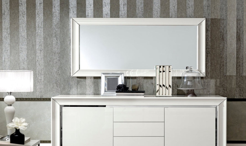 White Buffet Mirror with High-Gloss Finish and Beveled Edges
