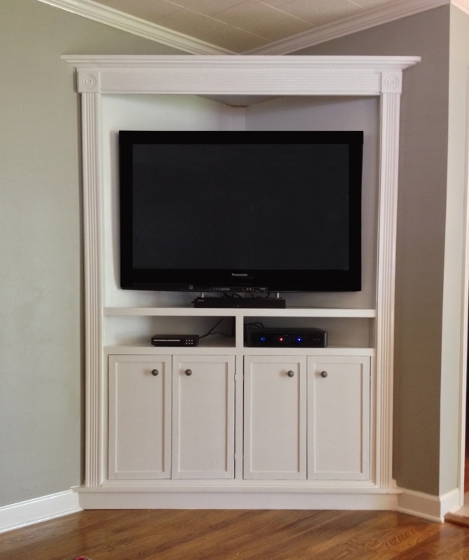 White Built In TV Unit: Traditional Corner Cabinet, Fluted Pilasters