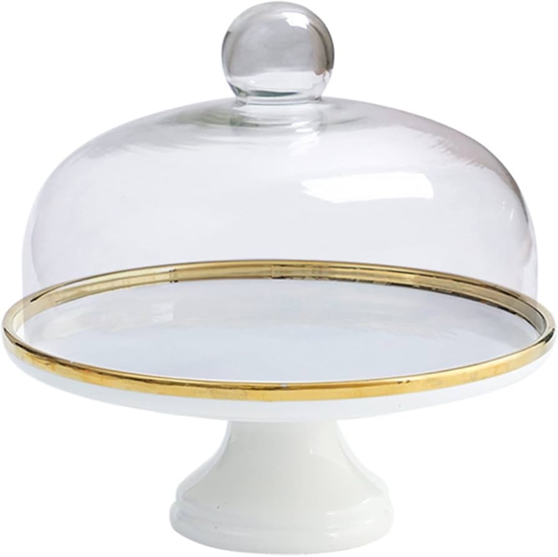 White Cake Stand with Polished Gold Rim and Glass Dome Cover