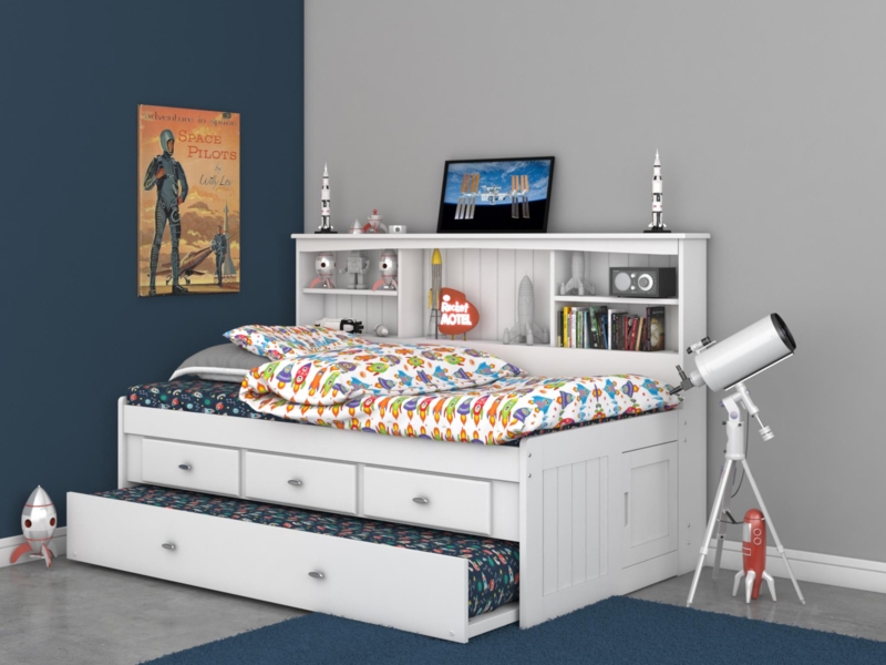 White Captain's Bed Trundle, Beadboard Details, Side Cabinet Storage