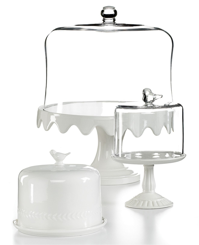 White Ceramic Cake Stand with Glass Dome and Decorative Bird Finial