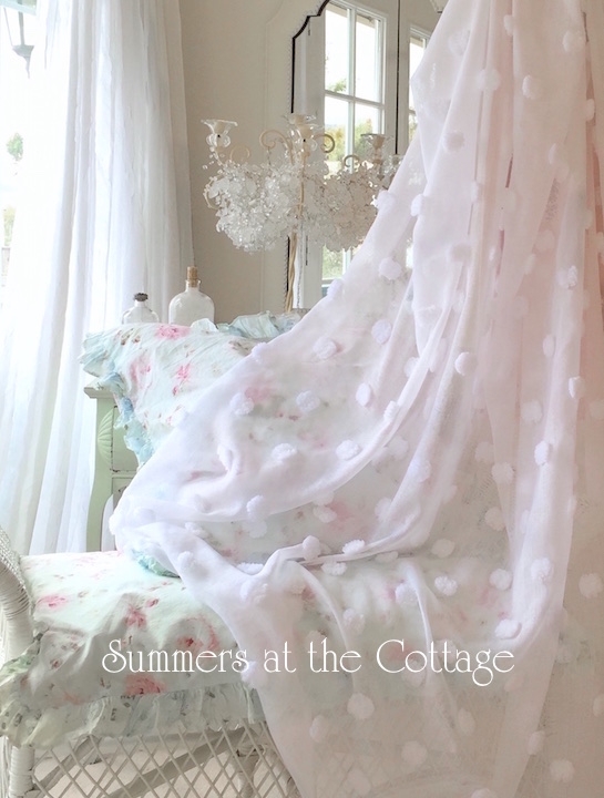White Chenille Pom Curtains, Sheer Fabric, Raised Pops, Shabby Chic Style.