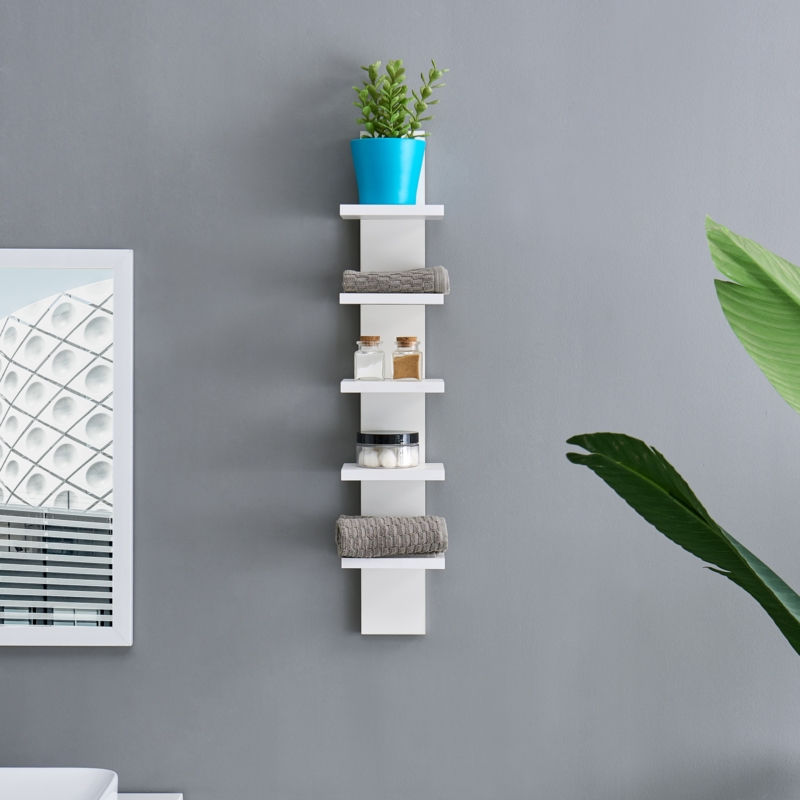 White Column Wall Shelf with Five Tiers for Narrow Bathroom Storage