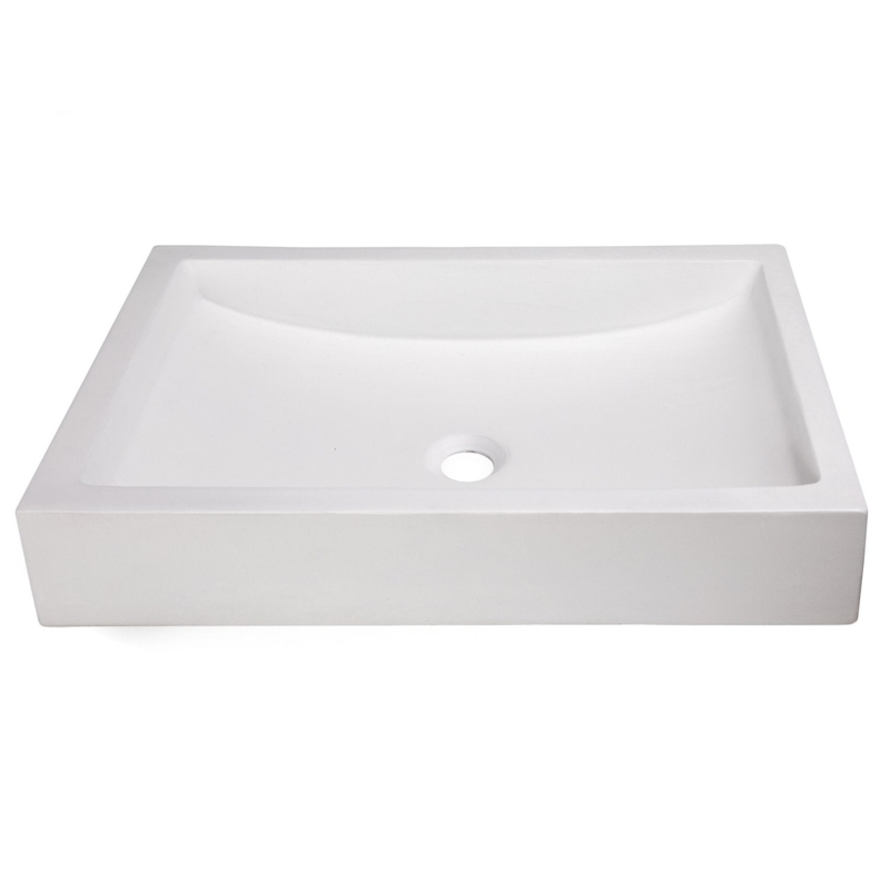 White Concrete Vessel Sink: Shallow Rectangular Wave Interior