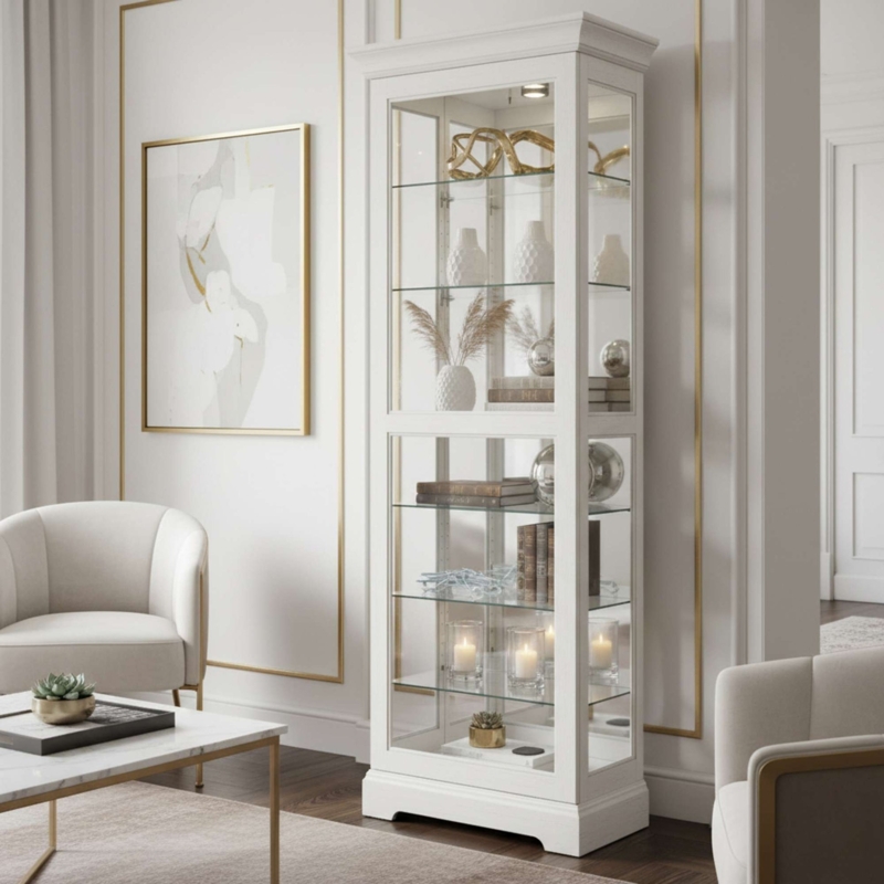 White Corner Curio Cabinet Neoclassical Style Plinth Base