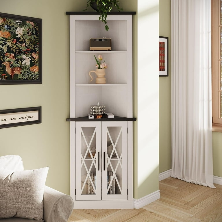 White Corner Display Cabinet: Tall Storage with Glass X-Pattern Detail
