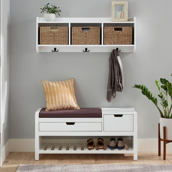 White Cubby Wall Shelf with Triple Cubbies, Woven Baskets, and Hooks