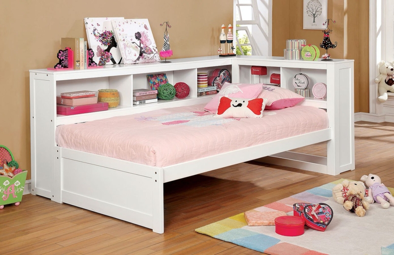 White Daybed with Trundle, Corner Design, L-Shaped Bookcase Cubbies