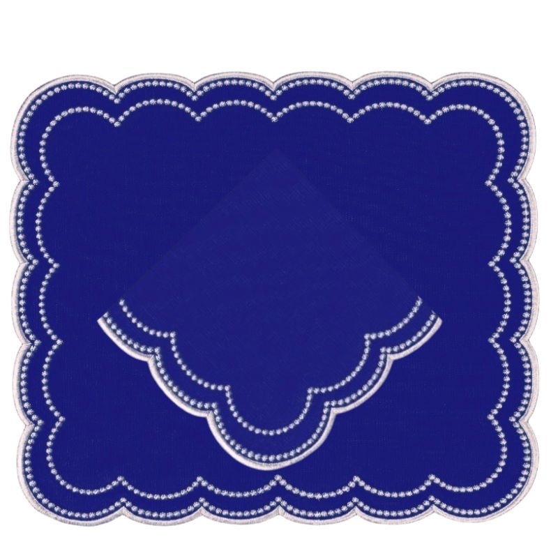 White Dotted Border Linens Scalloped Edge Blue Matching Napkin
