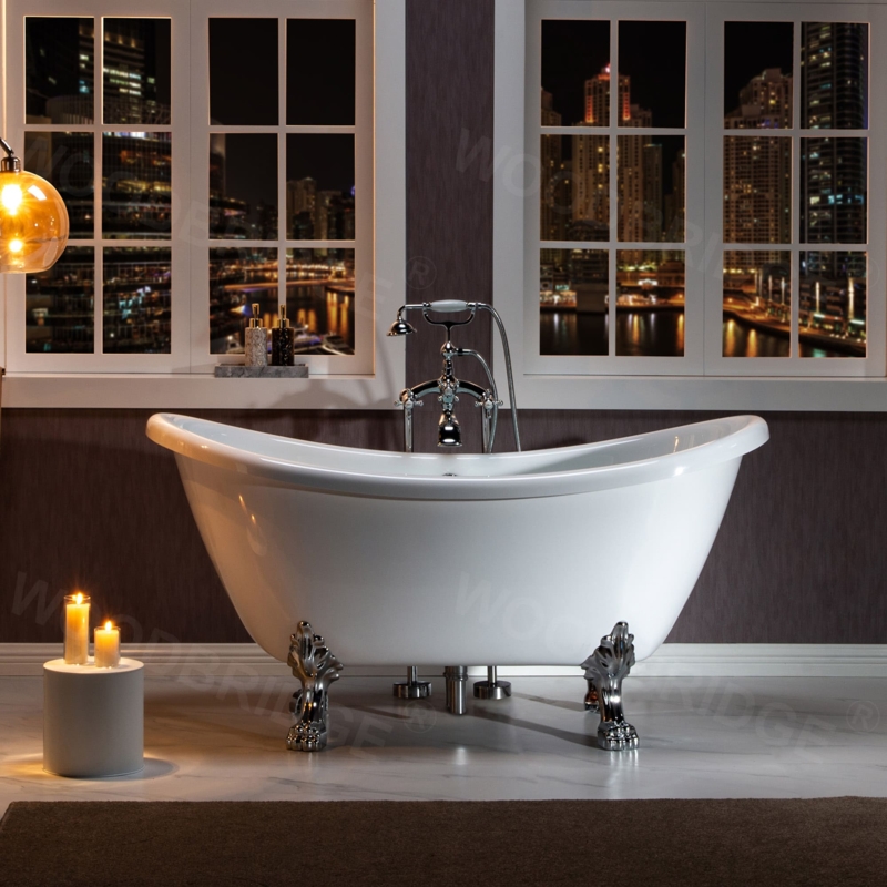White Double Slipper Clawfoot Tub with Polished Chrome Lion Paw Feet