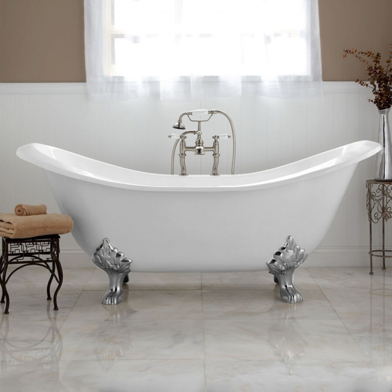 White Double Slipper Clawfoot Tub with Silver Feet & Telephone Deck Faucet