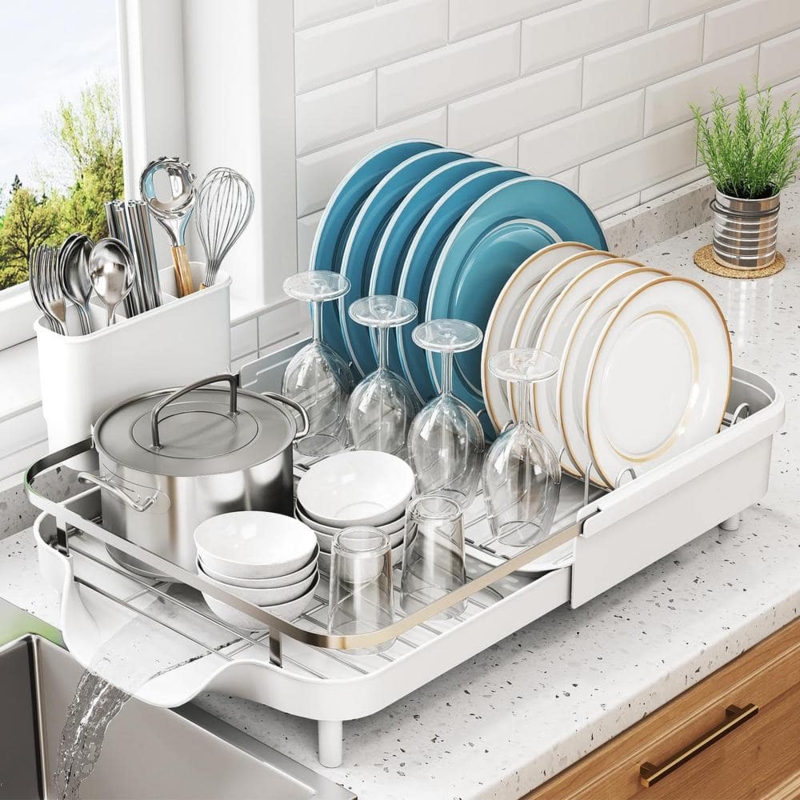 White Expandable Dish Rack with Dedicated Stemware Holder