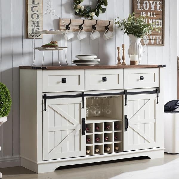 White Farmhouse Bar Cabinet with X-Brace Barn Doors