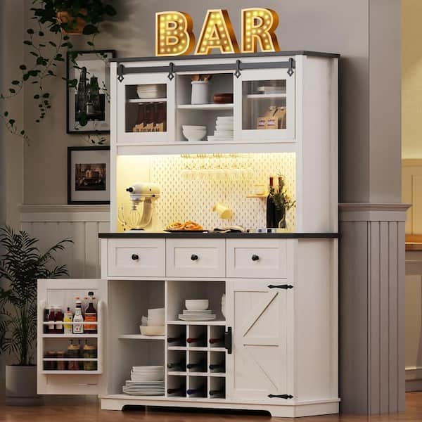 White Farmhouse Hutch Pantry with Pegboard Backsplash