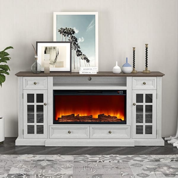 White Fireplace Media Console Muntin Glass Doors Fluted Pilasters