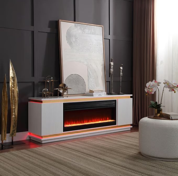 White Fireplace TV Stand Fluted Panels Gold Trim Red LED Accent Lighting