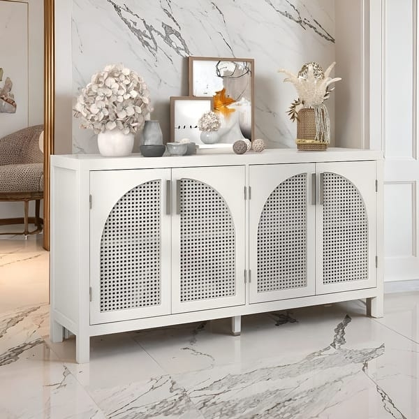 White Four-Door Sideboard with Arched Rattan Panels