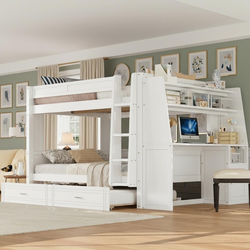 White Full Bunk Bed with Pull-Out Trundle and Built-in Study Desk