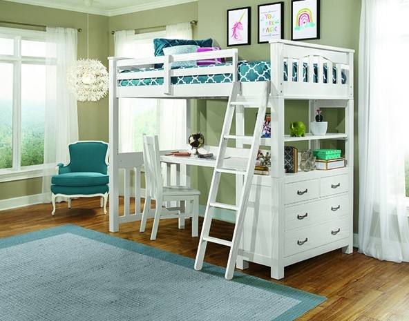 White Full Size Loft Bed With Integrated Chest And Desk, Slatted Style