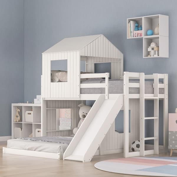 White House Bunk Bed with Gabled Roof and Integrated Shelving