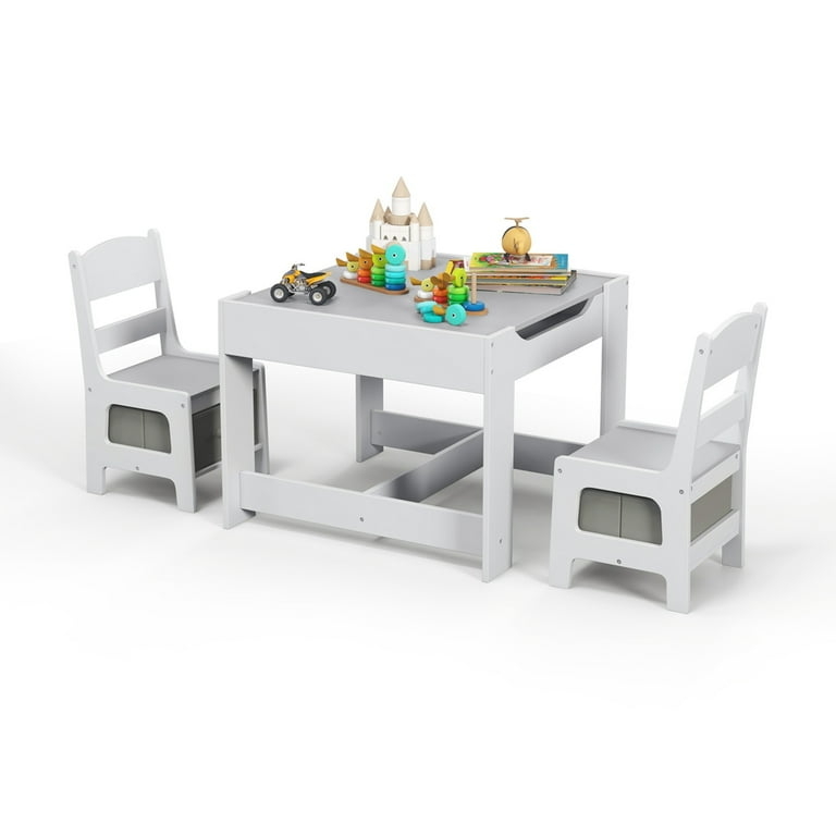 White Kids Activity Table Set with Recessed Grey Top