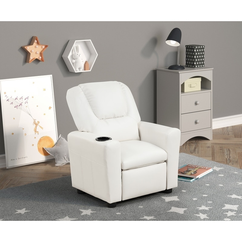 White Kids Recliner: Leather-like with Cushioned Backrest