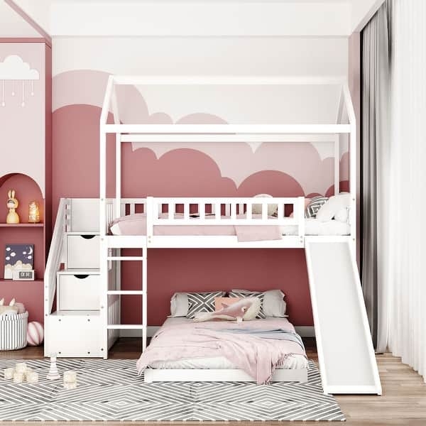 White L-Shaped House Bunk Bed with Integrated Slide and Stairs
