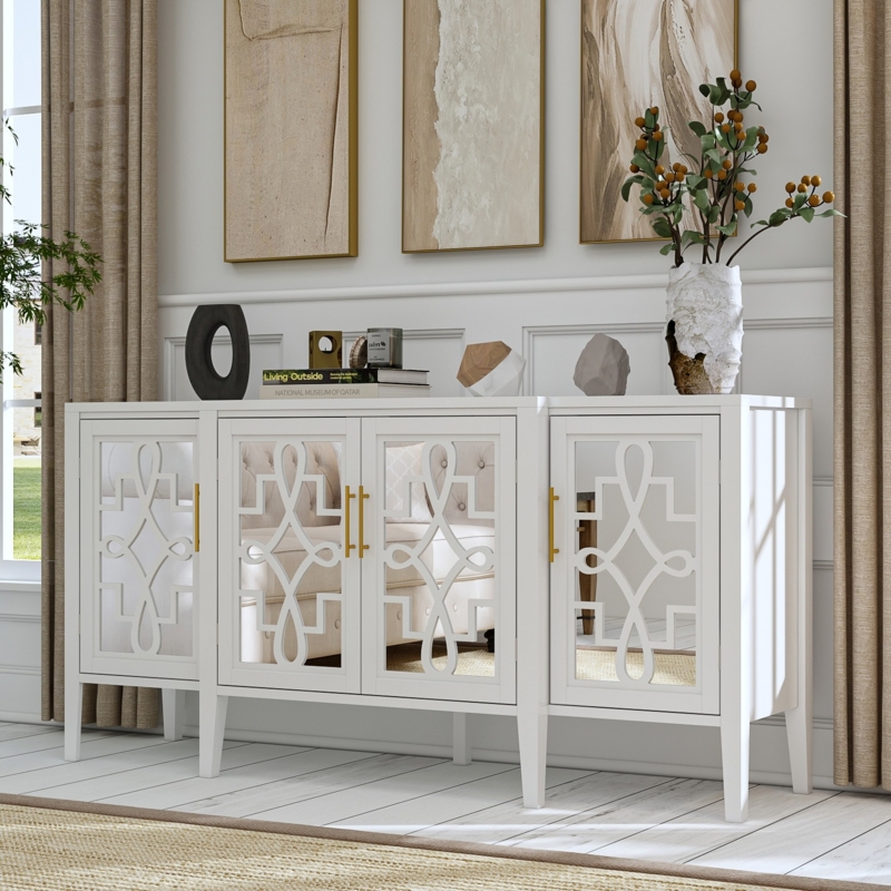White Lacquer Sideboard with Geometric Fretwork and Vertical Pulls
