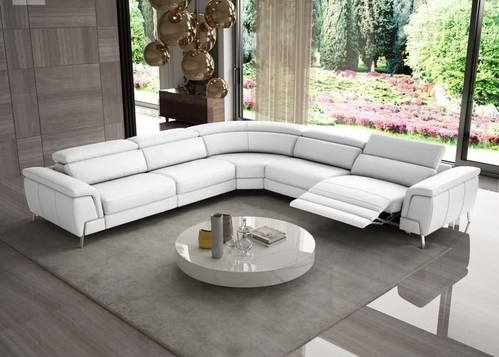White Leather Sectional Sofa with Integrated Recliner and Headrests