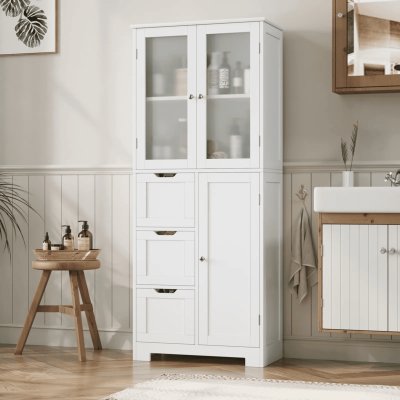 White Linen Cabinet with Frosted Glass Doors and Three Drawers