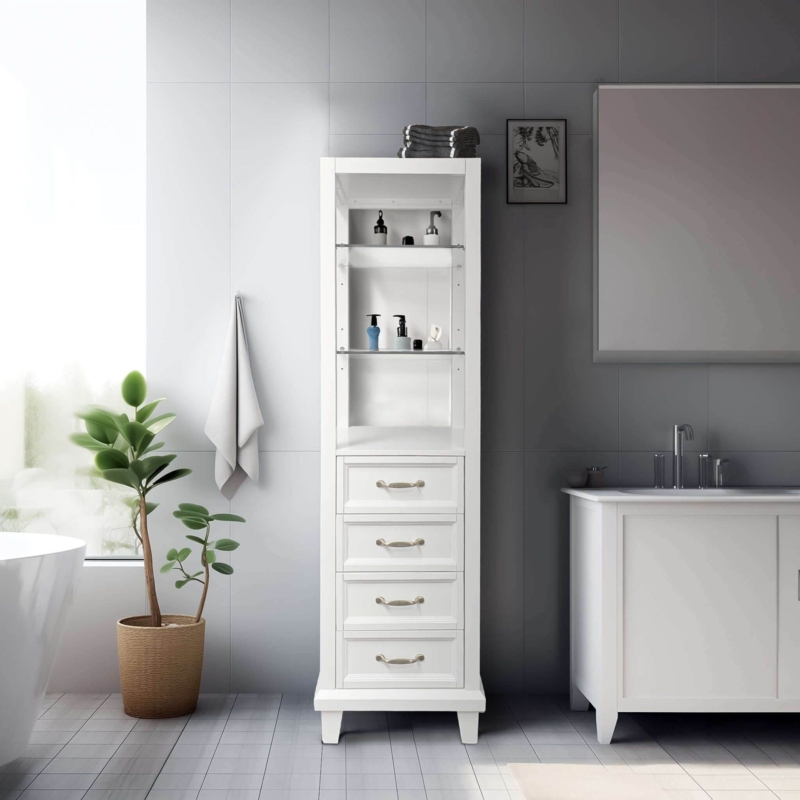 White Linen Cabinet with Glass Shelves and Brass Pulls