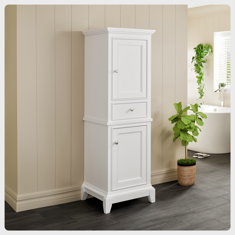 White Linen Side Cabinet with Recessed Panels and Tapered Feet