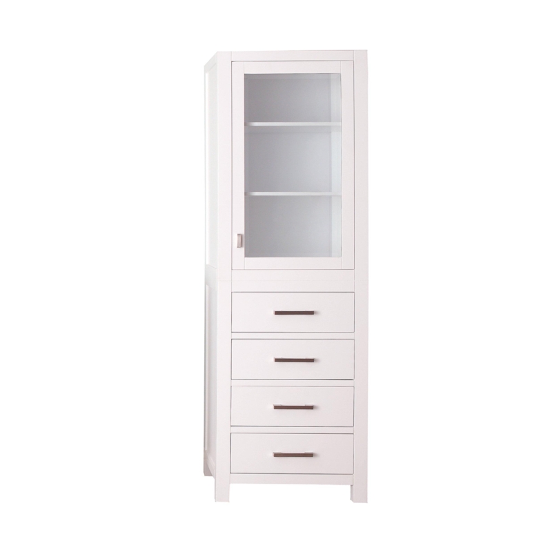 White Linen Tower with Glass Door, Four Drawers, and Block Feet